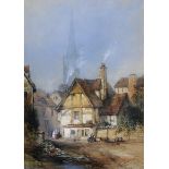 Thomas Robert Colman Dibdin (1810-1893) British. A Town Street Scene, with a Church Spire in the