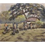 20th Century South East Asian School. A Landscape, with Figures on Bikes, Watercolour,