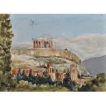 20th Century Greek School. Ruins on a Cliff Top, Watercolour, Indistinctly Signed, Unframed, 8.25" x