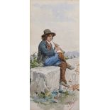 Eduard Vitali (19th - 20th Century) Italian. A Young Italian Boy Playing a Flute, Watercolour,