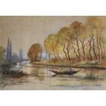 Jane Le Soudier (1885-1976) French. A River Landscape, with a Figure in a Boat, Mixed Media, Signed,