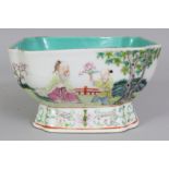 A GOOD QUALITY CHINESE FAMILLE ROSE PORCELAIN BOWL, of square section with indented corners, the