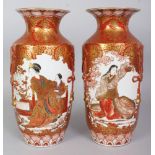 A PAIR OF GOOD QUALITY JAPANESE MEIJI PERIOD KUTANI PORCELAIN VASES, each painted with a panel of