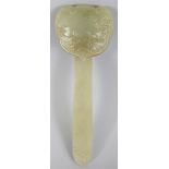 A FINE QUALITY CELADON JADE CARVING OF A RUYI SCEPTRE, carved in shallow relief with ducks in a