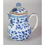 A CHINESE KANGXI PERIOD BLUE & WHITE PORCELAIN SPARROW BEAK PORCELAIN JUG & COVER, the sides painted