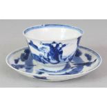 A GOOD QUALITY CHINESE KANGXI PERIOD BLUE & WHITE PORCELAIN TEABOWL & SAUCER, circa 1700, each piece