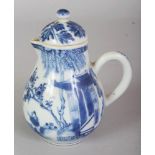 A CHINESE KANGXI/YONGZHENG PERIOD BLUE & WHITE SPARROW BEAK PORCELAIN JUG, with later cover, the