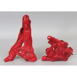 TWO GOOD 19TH/20TH CENTURY CHINESE PIECES OF CARVED RED CORAL, the larger carving in the form of