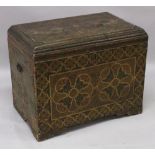 A LARGE INDO-PERSIAN LACQUERED WOOD RECTANGULAR CHEST WITH HINGED COVER, decorated with a variety of