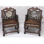 A PAIR OF 19TH/20TH CENTURY CHINESE MARBLE BACK & MOTHER-OF-PEARL INLAID HARDWOOD ARMCHAIRS, each
