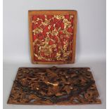 TWO EARLY 20TH CENTURY CHINESE GILDED RECTANGULAR WOOD PANELS, one carved and pierced with a phoenix