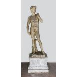 A GOOD LIFE SIZE STATUE OF DAVID, in classical pose on a pedestal base. 7ft high (including base).