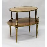 A GOOD FRENCH MAHOGANY OVAL TWO TIER ETAGERE with brass mounts, fluted supports and brass carrying