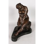 A GOOD LARGE ABSTRACT BRONZE SEATED NUDE. Signed, on a shaped marble base. 16ins high.