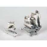 TWO MINIATURE SILVER SAILING BOATS.