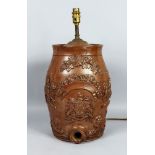 A GOOD BROWN TIN GLAZE WHISKY KEG with Royal Coat of Arms. 13ins high.