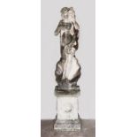 A GOOD GARDEN STATUE "BOTTICELLI'S VENUS", on a classical pedestal base. 5ft 10ins high (including