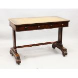 A REGENCY ROSEWOOD WRITING TABLE, the rounded rectangular top with leather inset writing surface