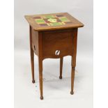 AN ARTS & CRAFTS OAK JARDINIERE STAND IN THE MANNER OF LIBERTY, with tile inset top above a deep