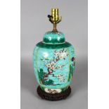 A CHINESE PORCELAIN GINGER JAR as a lamp, on pierced wooden base.