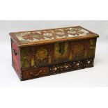 A MOORISH BRASS STUDDED BOX with lift up top and three drawers. 3ft 6ins long.