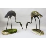 A GOOD PAIR OF JAPANESE LEAD MEIJI STYLE HERONS, on shaped reconstituted stone bases. 3ft 0ins