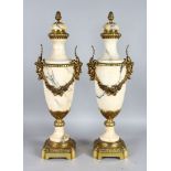 A GOOD PAIR OF FRENCH LOUIS XVI DESIGN MARBLE AND BRONZE CASSOLETTES with acorn finial, satyr