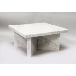 A GREY ITALIAN MARBLE COFFEE TABLE, the square top on "X" shape supports. 2ft 0ins x 2ft 0ins x