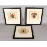 A SET OF THREE FRAMED WATERCOLOURS OF FAMILY ARMORIALS. 6.5ins x 7ins. Probably French.