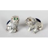 TWO MINIATURE SILVER SEATED CAT AND BULLDOG PIN CUSHIONS.