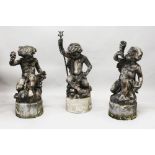 A GOOD SET OF THREE LEAD GARDEN FIGURES, modelled as cherubs emblematic of Earth, Wind and Water, on