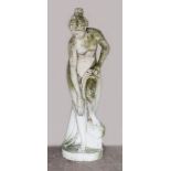 A GOOD LIFE SIZE STATUE OF A CLASSIC NUDE leaning forward, a robe draped across her knee. 5ft 5ins