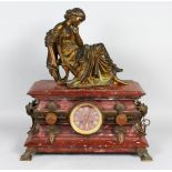 A GOOD 19TH CENTURY FRENCH BRONZE AND MARBLE MANTLE CLOCK, surmounted by a classical female