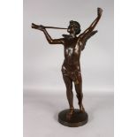 AFTER THE ANTIQUE A BRONZE WINGED FIGURE blowing a horn, on a circular base. 26ins high.