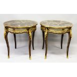 A SUPERB PAIR OF LINKE MODEL MAHOGANY SHAPED TOP TABLES, inset with variegated marble tops, ormolu