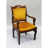 A LOUIS PHILIPPE (1830-1848) ROSEWOOD INLAID ARMCHAIR by JEANSELME, with padded back and seat.