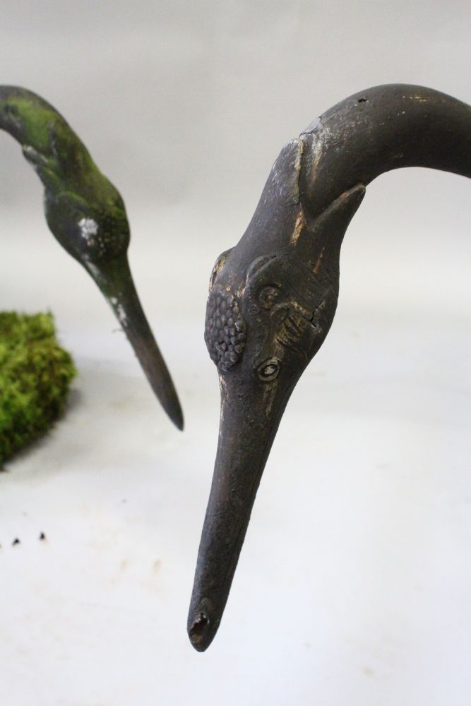 A GOOD PAIR OF JAPANESE LEAD MEIJI STYLE HERONS, on shaped reconstituted stone bases. 3ft 0ins - Image 2 of 4