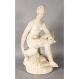 AN ITALIAN CARVED WHITE MARBLE FIGURE OF A NUDE sitting on a rock. 22ins high.