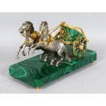 A SUPERB CHARIOT AND TWO HORSES ON A MALACHITE BASE. 10.5ins long.