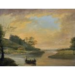 Late 18th Century English School. A River Landscape, with Figures in a Boat, Oil on Canvas, 14" x
