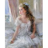 Konstantin Razumov (1974- ) Russian. "Young Girl Dressed in White, Seated with a Mirror", Oil on