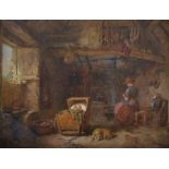 Alfred Provis (act.1843-1886) British. "A Welsh Interior", with a Mother and Baby in a Cot, a Dog on