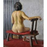 20th Century English School. The Rear View of a Naked Lady, Oil on Card, 30" x 25".