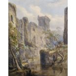 Early 19th Century English School. A River Landscape with Figures by Ruins, believed to be Warwick