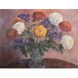 20th Century English School. Still Life of Flowers in a Glass Vase, Oil on Board, 24" x 31".