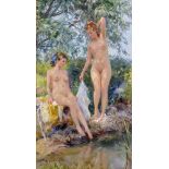 Konstantin Razumov (1974- ) Russian. "A Warm Afternoon", with Two Naked Girls at the Water's Edge,