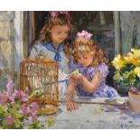Yuri Krotov (1964- ) Russian. "The Little Birds", with Two Young Girls, Oil on Canvas, Signed, and