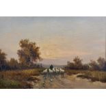 20th Century Dutch School. A Shepherd and Flock, in a Dusk Landscape, Oil on Panel, Indistinctly