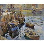 Robert Sydney Rendle Wood (1895-1987) British. A Harbour Scene with Boats, and Figures on the
