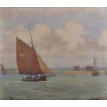 Herbert Alker Tripp (1883-1954) British. "In Mersea Quarters, Essex", with a Sail Boat, Oil on